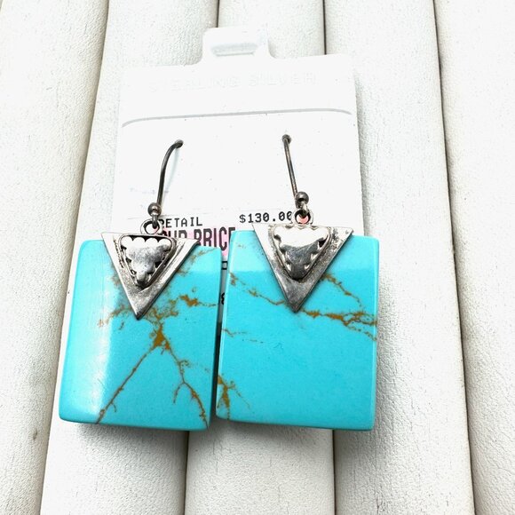 Blue Green Turquoise Sterling Silver Pierced Earrings 1.5" Original Card NOS - Picture 4 of 5